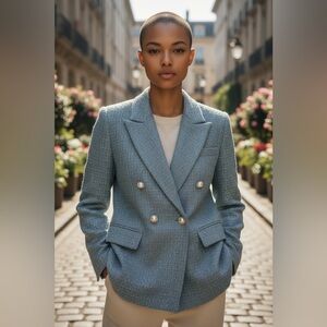 SHEIN Blue Tweed Look Blazer Gold Thread Size Medium